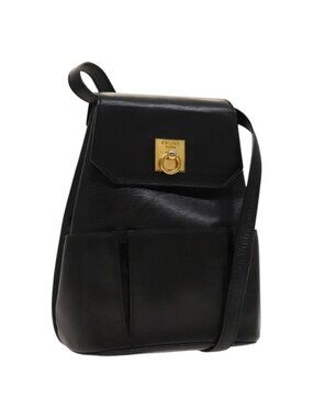 Authentic CELINE Shoulder Bag Leather Black Gold